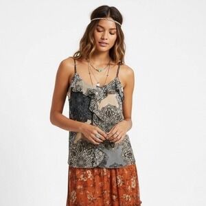 New York & Company Tank Top Womens S Gray‎ Beige Abstract Ruffle Chiffon Boho